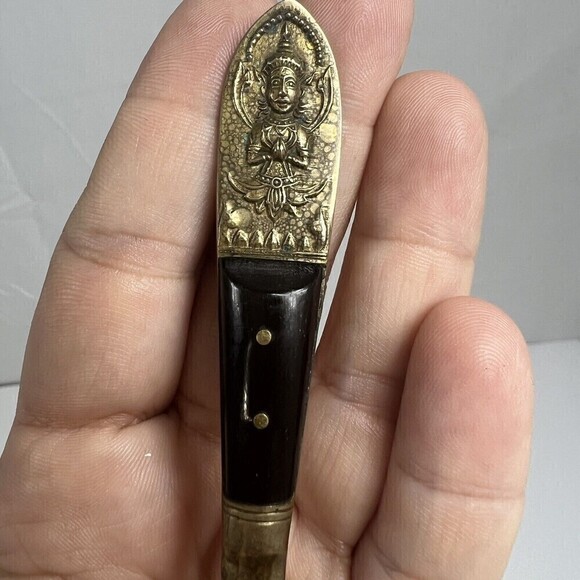 Vintage Siam Flatware Asian Thai Brass And Teakwood  HANDLE- Small Fork Cheese - Picture 2 of 10